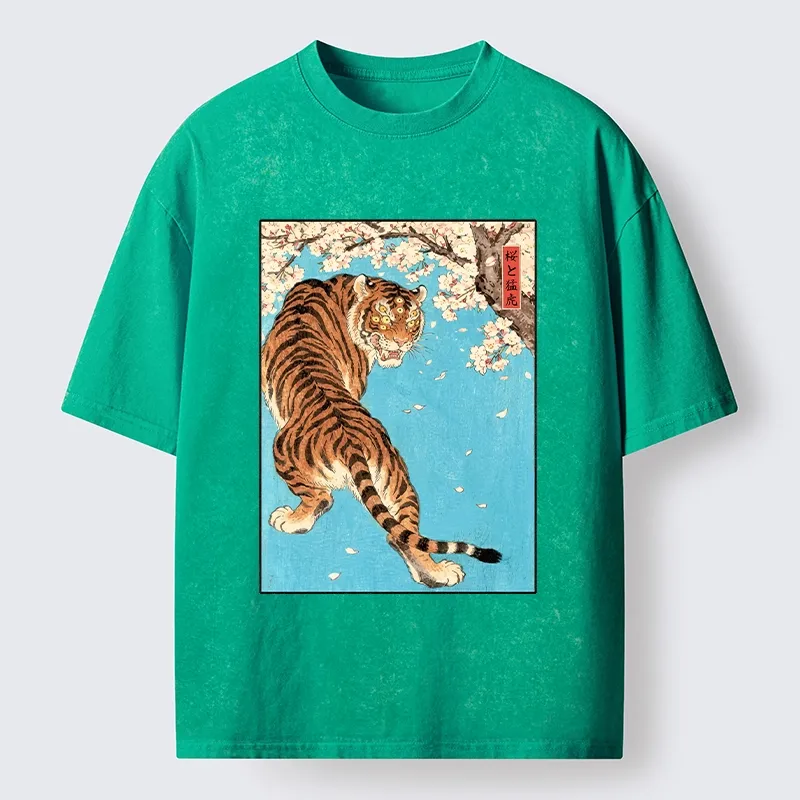 Tokyo-Tiger Fierce Tiger And Sakura Petals Washed T-Shirt