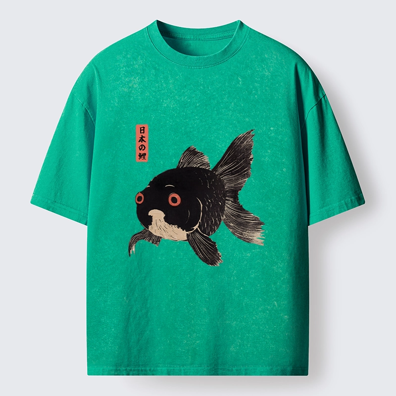 Tokyo-Tiger Japanese Black Goldfish Art Washed T-Shirt