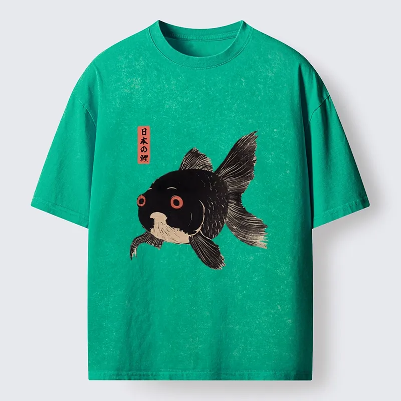 Tokyo-Tiger Japanese Black Goldfish Art Washed T-Shirt