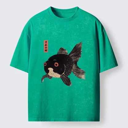 Tokyo-Tiger Japanese Black Goldfish Art Washed T-Shirt