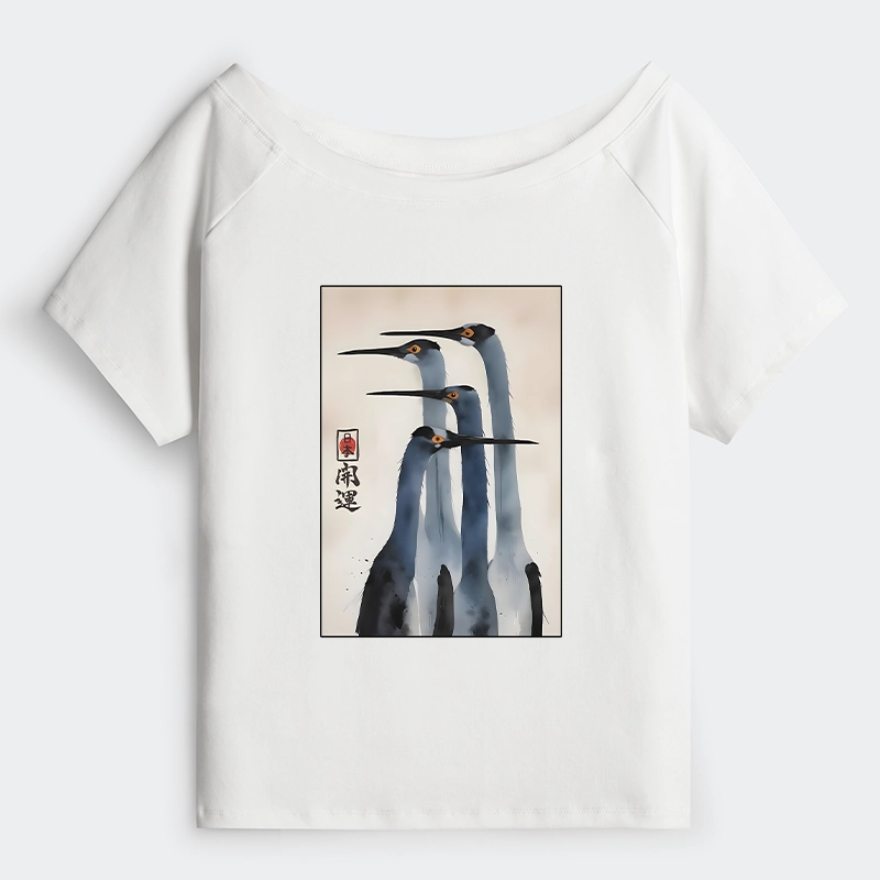 Tokyo-Tiger Retro Sandhill Crane Off Shoulder T-Shirt