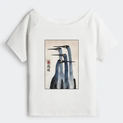 Tokyo-Tiger Retro Sandhill Crane Off Shoulder T-Shirt