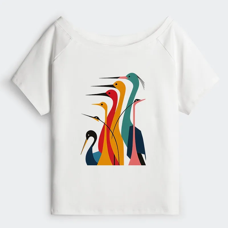 Tokyo-Tiger Various Types Of Cranes Off Shoulder T-Shirt Sale