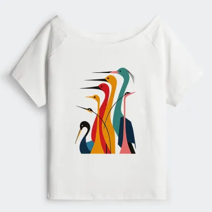 Tokyo-Tiger  Various Types Of Cranes Off Shoulder T-Shirt