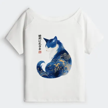Tokyo-Tiger Retro Zen Cat: Living the Present Off Shoulder T-Shirt