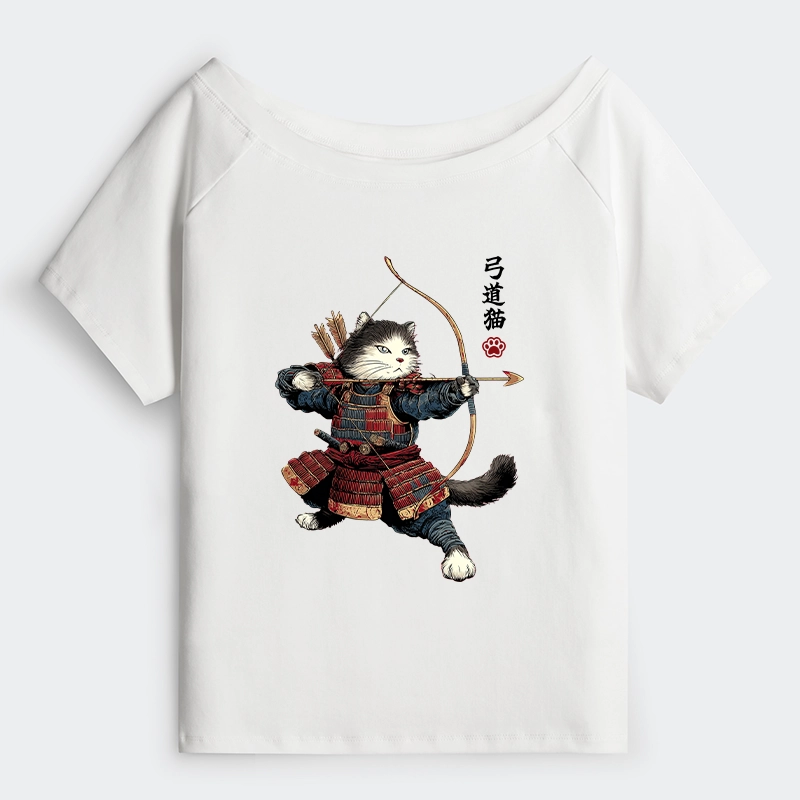 Tokyo-Tiger Kyudo Samurai Cat Off Shoulder T-Shirt