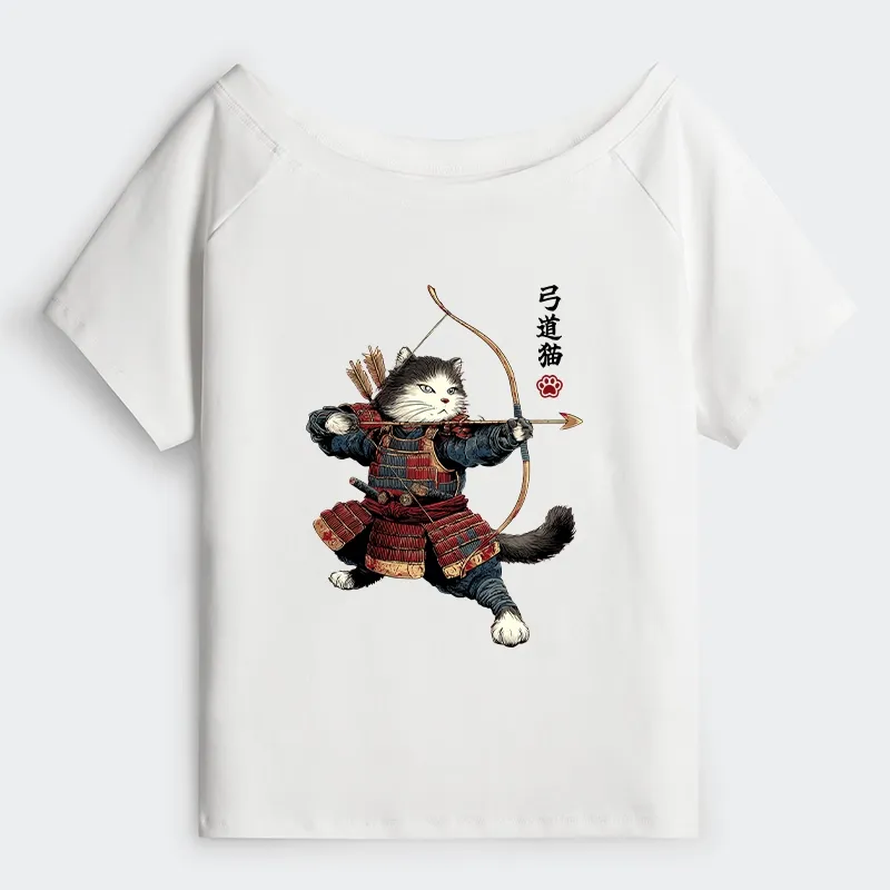 Tokyo-Tiger Kyudo Samurai Cat Off Shoulder T-Shirt Sale
