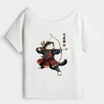 Tokyo-Tiger Kyudo Samurai Cat Off Shoulder T-Shirt