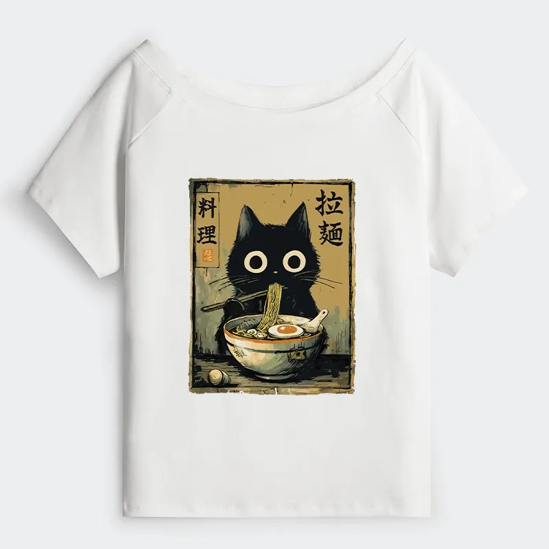 Tokyo-Tiger Cute Black Cat Eating Ramen Japan Off Shoulder T-Shirt