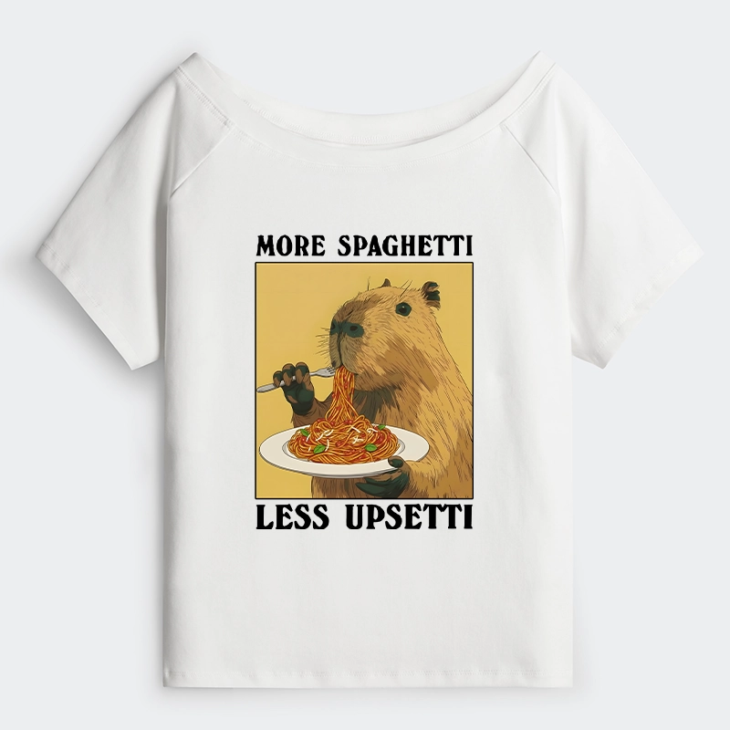 Tokyo-Tiger Capybara Eating Pasta Off Shoulder T-Shirt