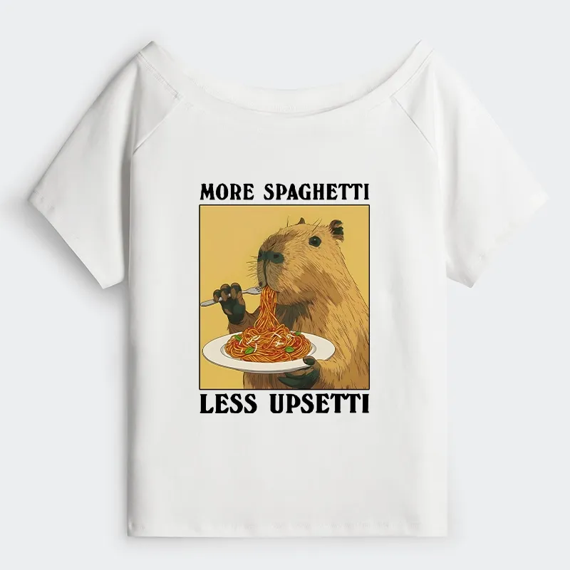 Tokyo-Tiger Capybara Eating Pasta Off Shoulder T-Shirt