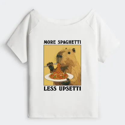 Tokyo-Tiger Capybara Eating Pasta Off Shoulder T-Shirt