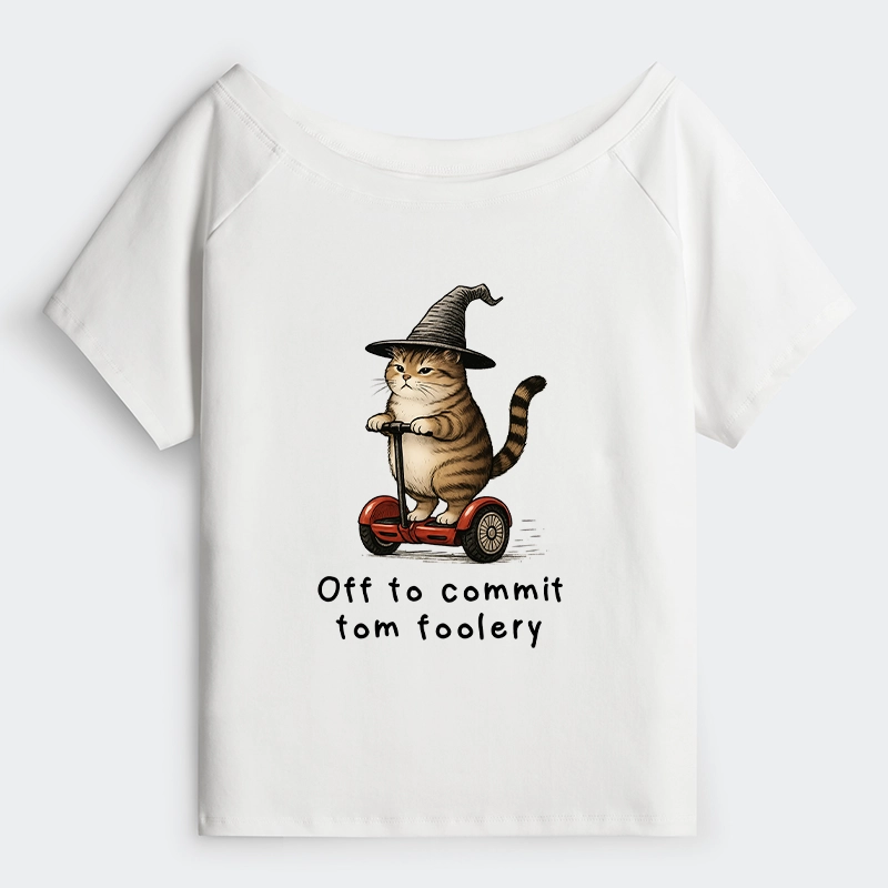 Tokyo-Tiger Orange Cat Riding Segway-style Off Shoulder T-Shirt