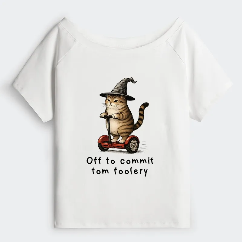 Tokyo-Tiger Orange Cat Riding Segway-style Off Shoulder T-Shirt Sale