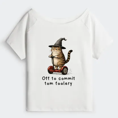 Tokyo-Tiger Orange Cat Riding Segway-style Off Shoulder T-Shirt