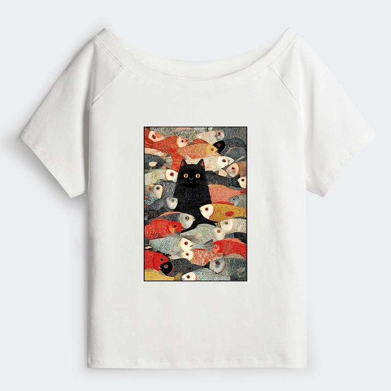 Tokyo-Tiger Cats And Fish Off Shoulder T-Shirt
