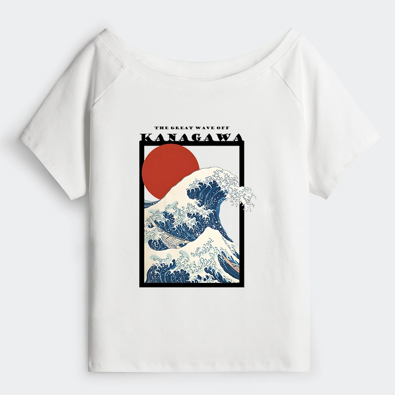 Tokyo-Tiger Minimalist Ukiyo-e Waves Off Shoulder T-Shirt