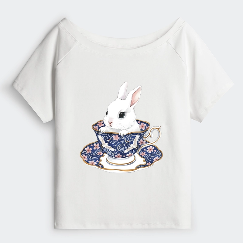 Tokyo-Tiger Cute Rabbit Tea Set Off Shoulder T-Shirt