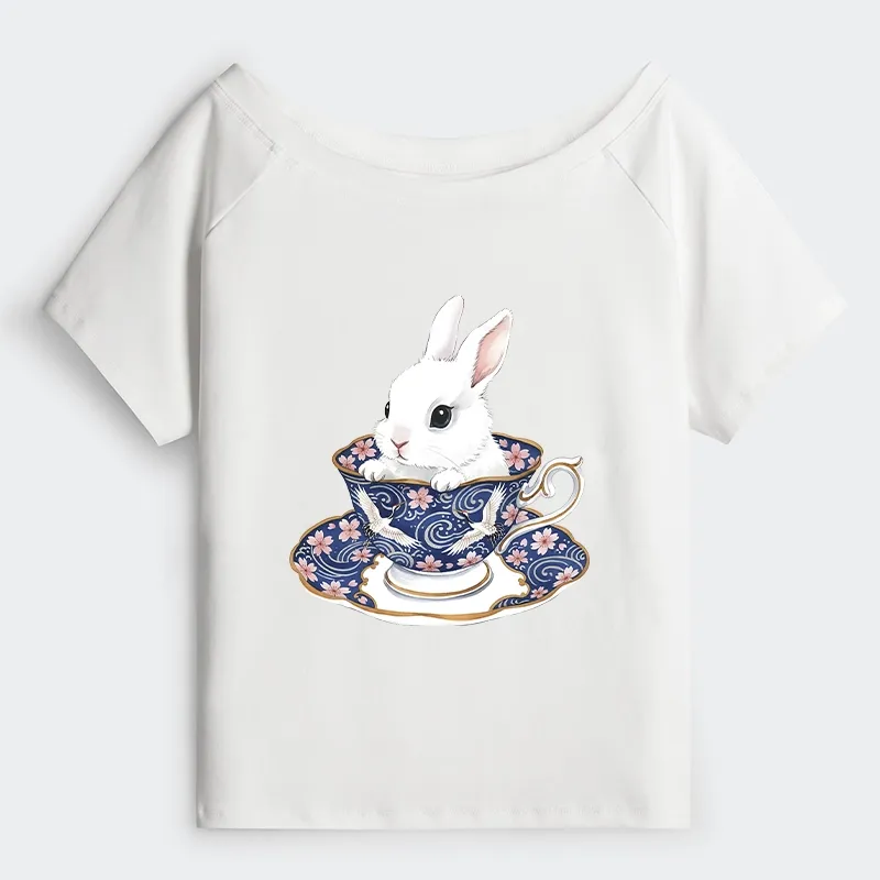 Tokyo-Tiger Cute Rabbit Tea Set Off Shoulder T-Shirt Sale