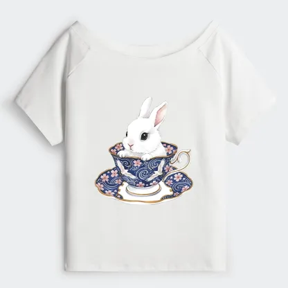 Tokyo-Tiger Cute Rabbit Tea Set Off Shoulder T-Shirt