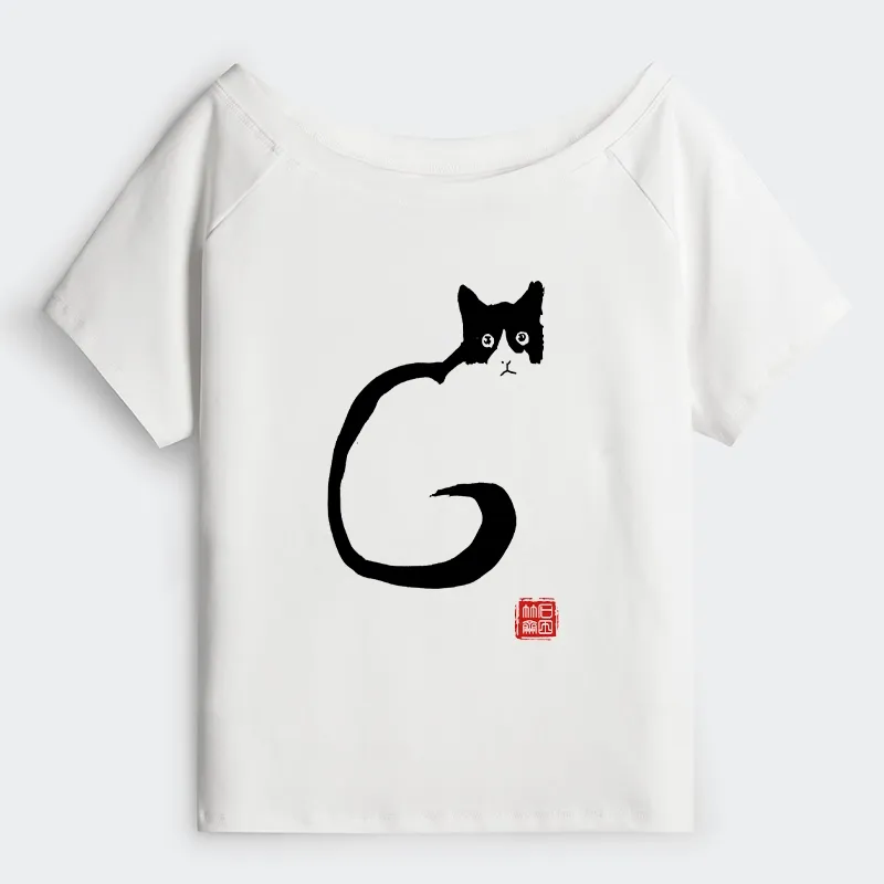 Tokyo-Tiger Calm Cat In Simple Lines Off Shoulder T-Shirt Sale