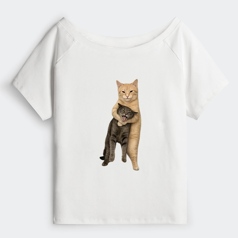 Tokyo-Tiger Orange Cat’s Tight Embrace Off Shoulder T-Shirt