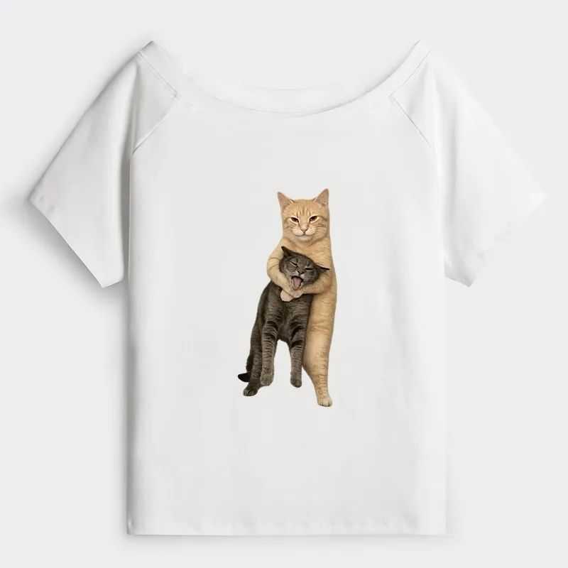 Tokyo-Tiger Orange Cat’s Tight Embrace Off Shoulder T-Shirt