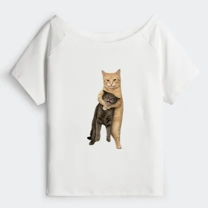 Tokyo-Tiger Orange Cat’s Tight Embrace Off Shoulder T-Shirt