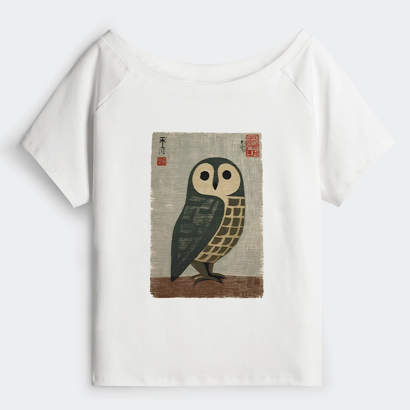 Tokyo-Tiger Traditional Owl In Japanese Art Off Shoulder T-Shirt