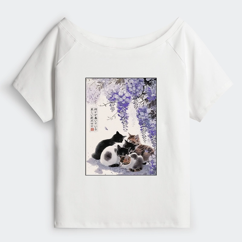 Tokyo-Tiger Cats plotting under the wisteria Off Shoulder T-Shirt