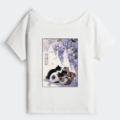 Tokyo-Tiger Cats plotting under the wisteria Off Shoulder T-Shirt