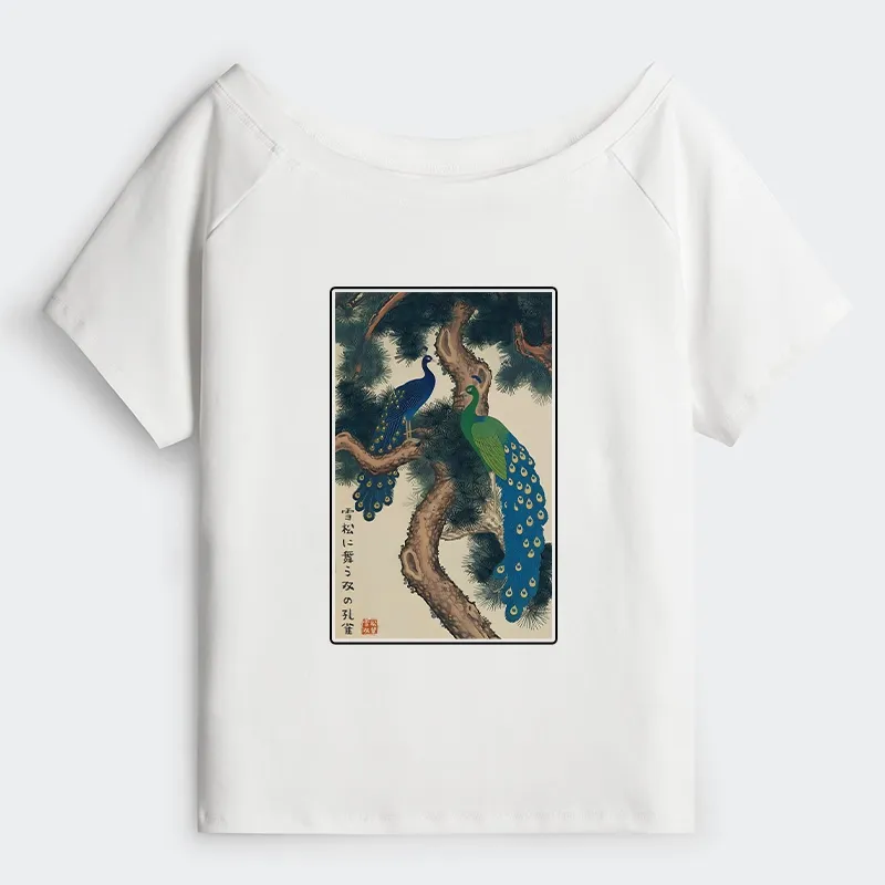Tokyo-Tiger Peacocks in Snowy Pines Off Shoulder T-Shirt