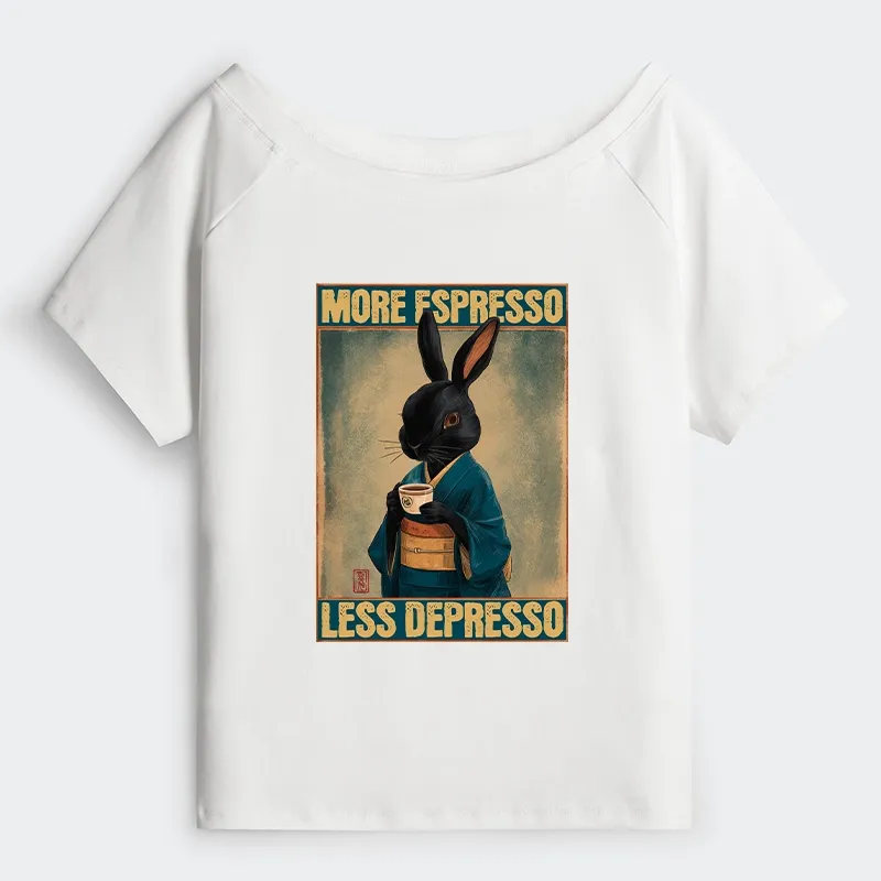Tokyo-Tiger More Espresso Less Depresso Rabbit Off Shoulder T-Shirt