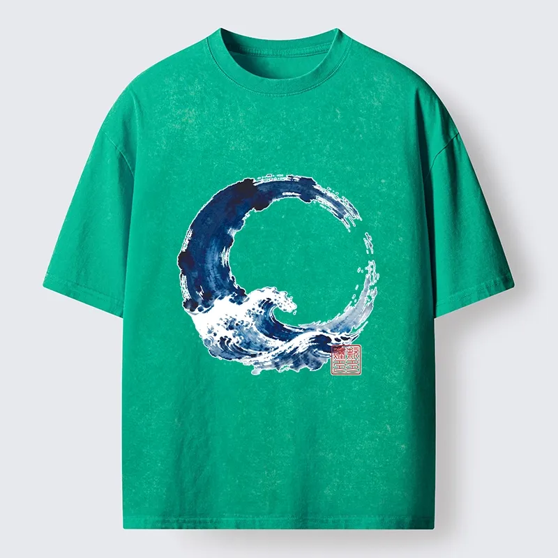 Tokyo-Tiger Zen Circle Blue Wave Art Washed T-Shirt