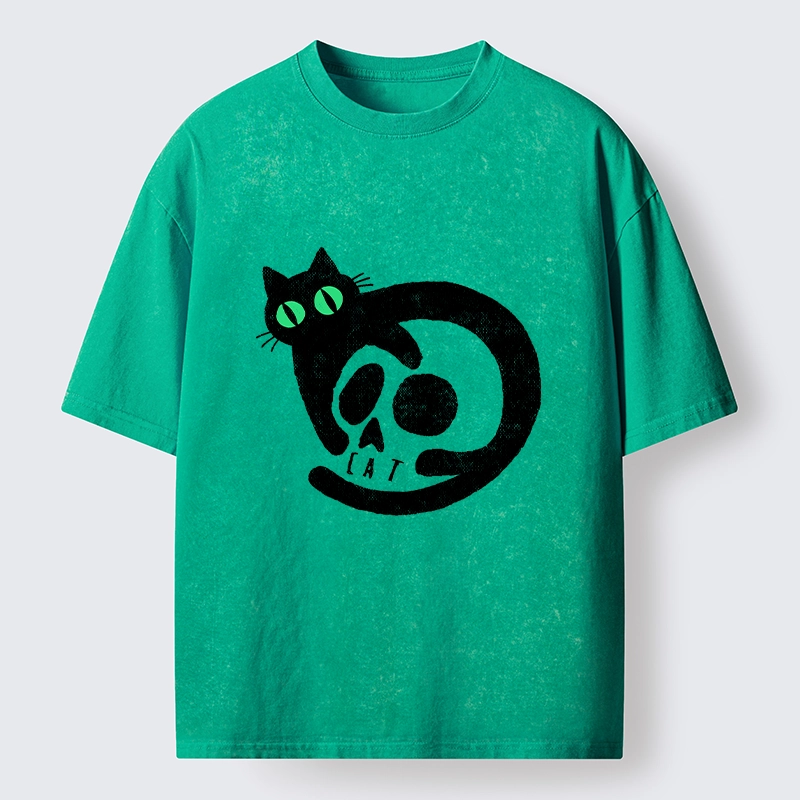 Tokyo-Tiger Spooky Black Cat Skull Meme Washed T-Shirt