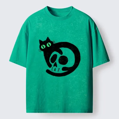 Tokyo-Tiger Spooky Black Cat Skull Meme Washed T-Shirt