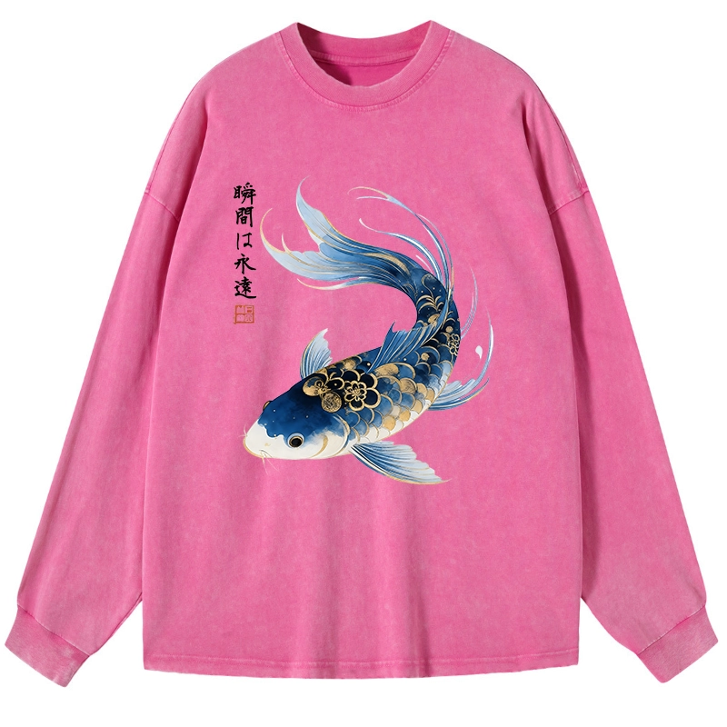 Tokyo-Tiger Elegant Koi Fish Watercolor Art Washed Long Sleeve T-Shirt