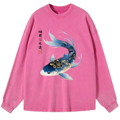 Tokyo-Tiger Elegant Koi Fish Watercolor Art Washed Long Sleeve T-Shirt