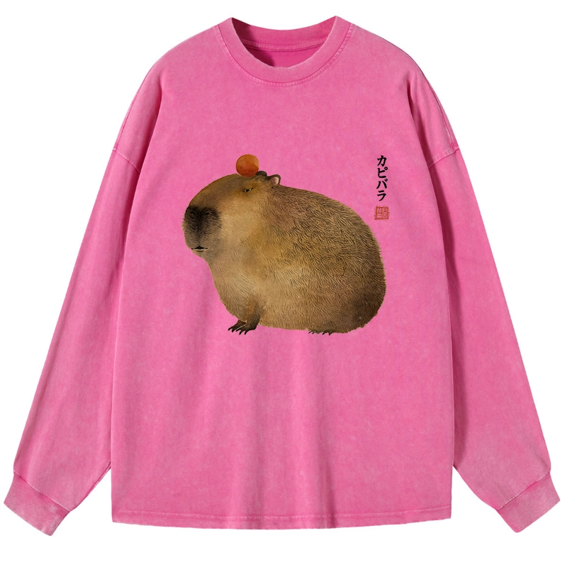 Tokyo-Tiger Calm Capybara Illustration Washed Long Sleeve T-Shirt