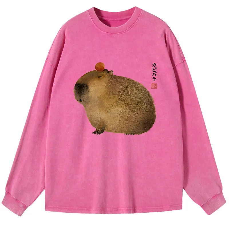Tokyo-Tiger Calm Capybara Illustration Washed Long Sleeve T-Shirt