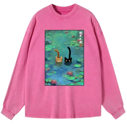 Tokyo-Tiger Funny Cats Swimming In Lilies Washed Long Sleeve T-Shirt