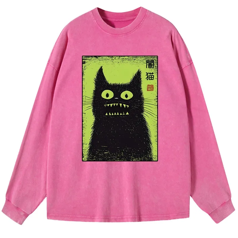 Tokyo-Tiger Spooky Black Cat Japanese Washed Long Sleeve T-Shirt