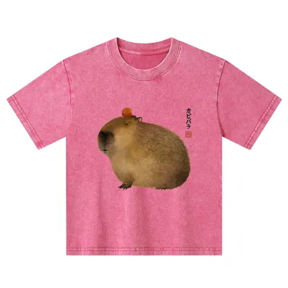 Tokyo-Tiger Calm Capybara Illustrations Kids Washed T-Shirt
