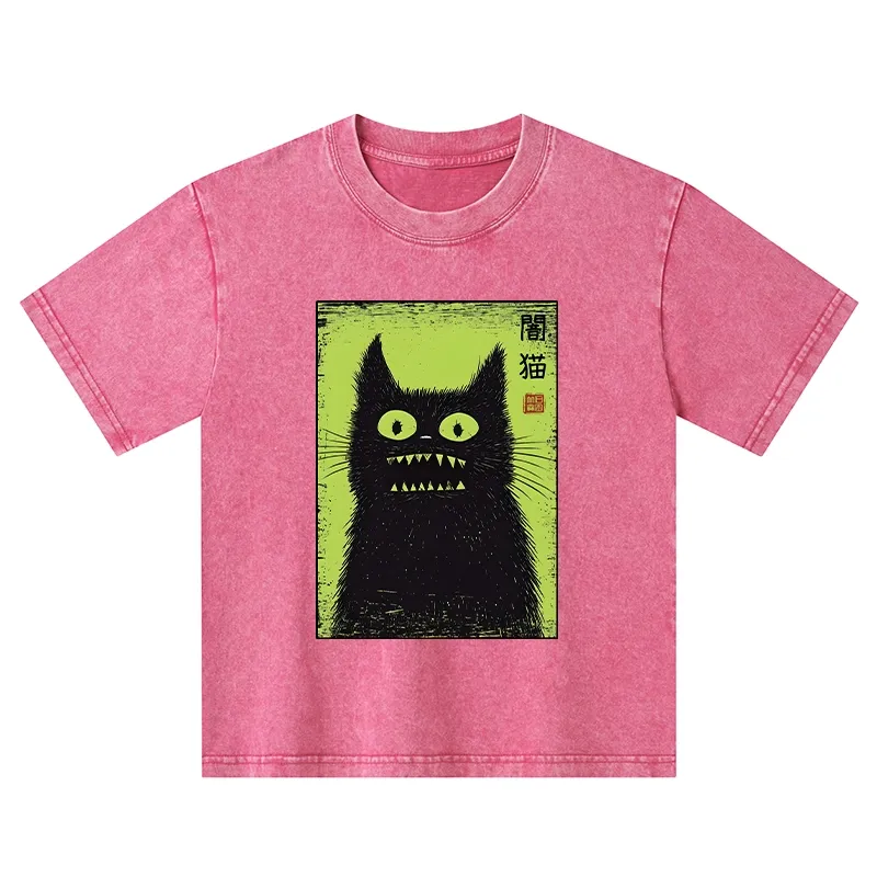 Tokyo-Tiger Spooky Black Cat Japanese Kids Washed T-Shirt