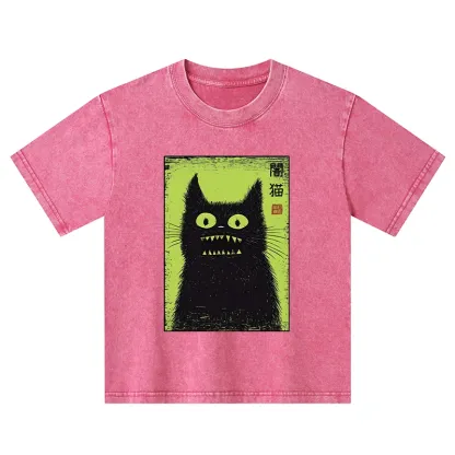 Tokyo-Tiger Spooky Black Cat Japanese Kids Washed T-Shirt