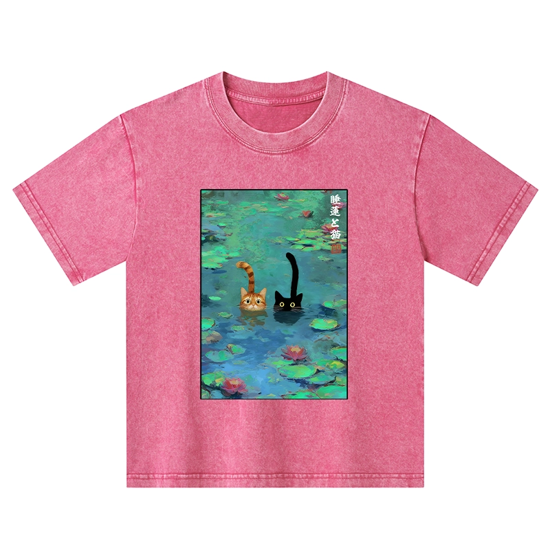 Tokyo-Tiger Funny Cats Swimming In Lilies Kids Washed T-Shirt