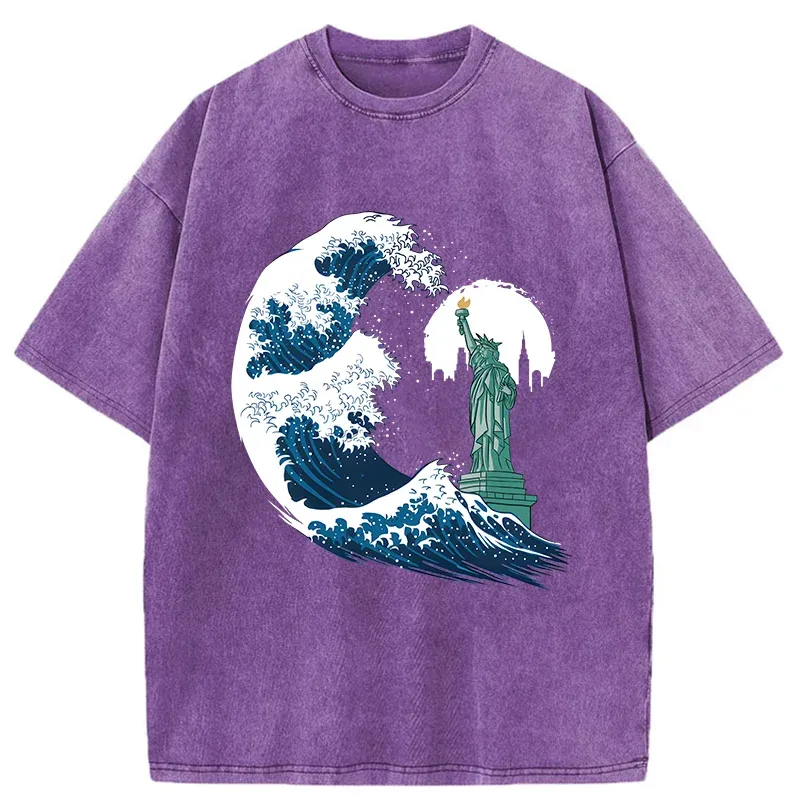 Tokyo-Tiger Waves And The Statue Of Liberty Washed T-Shirt