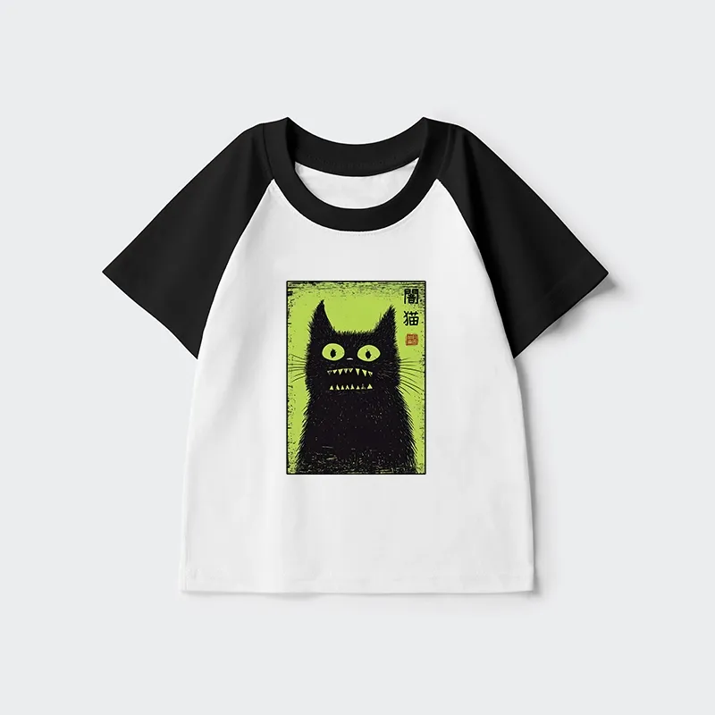 Tokyo-Tiger Spooky Black Cat Japanese Kids Raglan T-shirt