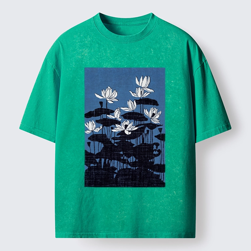 Tokyo-Tiger Blue Lotus Japanese Art Washed T-Shirt