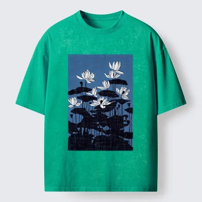 Tokyo-Tiger Blue Lotus Japanese Art Washed T-Shirt